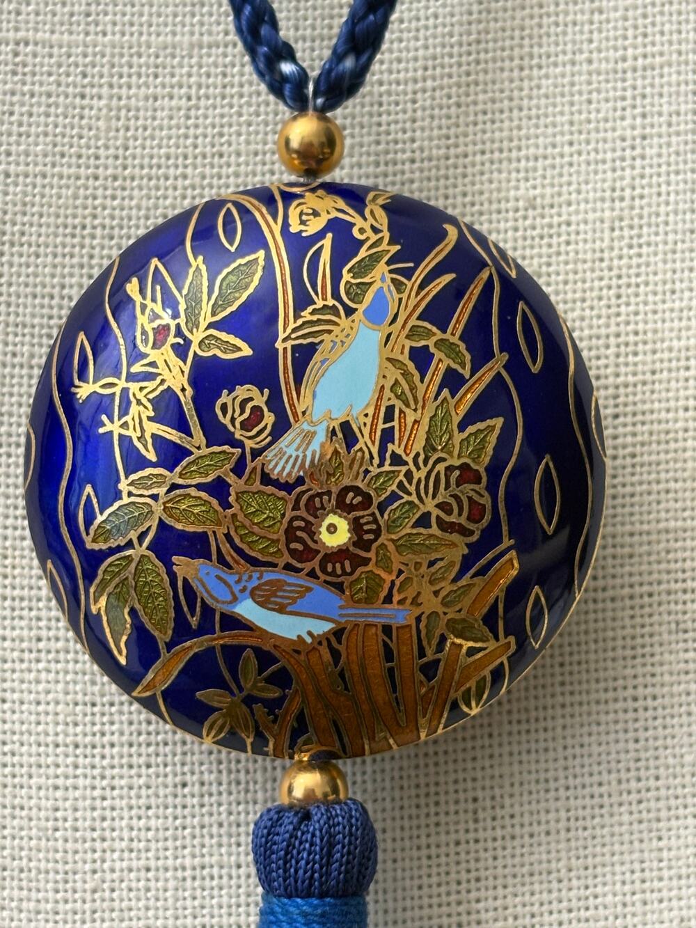 Blue Cloisonne Pendant Necklace with Tassel Gold Tone Vintage Style